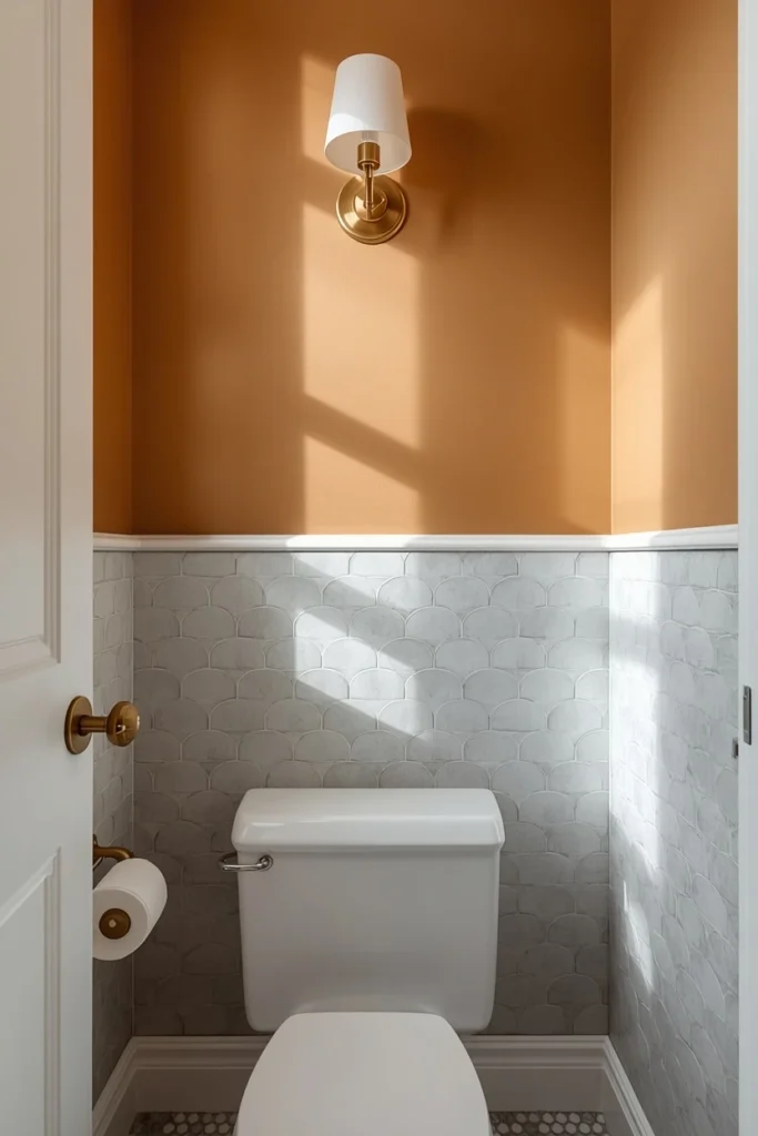 18 Scalloped Tile Ideas for a Soft, Statement-Making Bathroom 12 powder room shot, featuring soft gray scalloped tile applied to the lower half