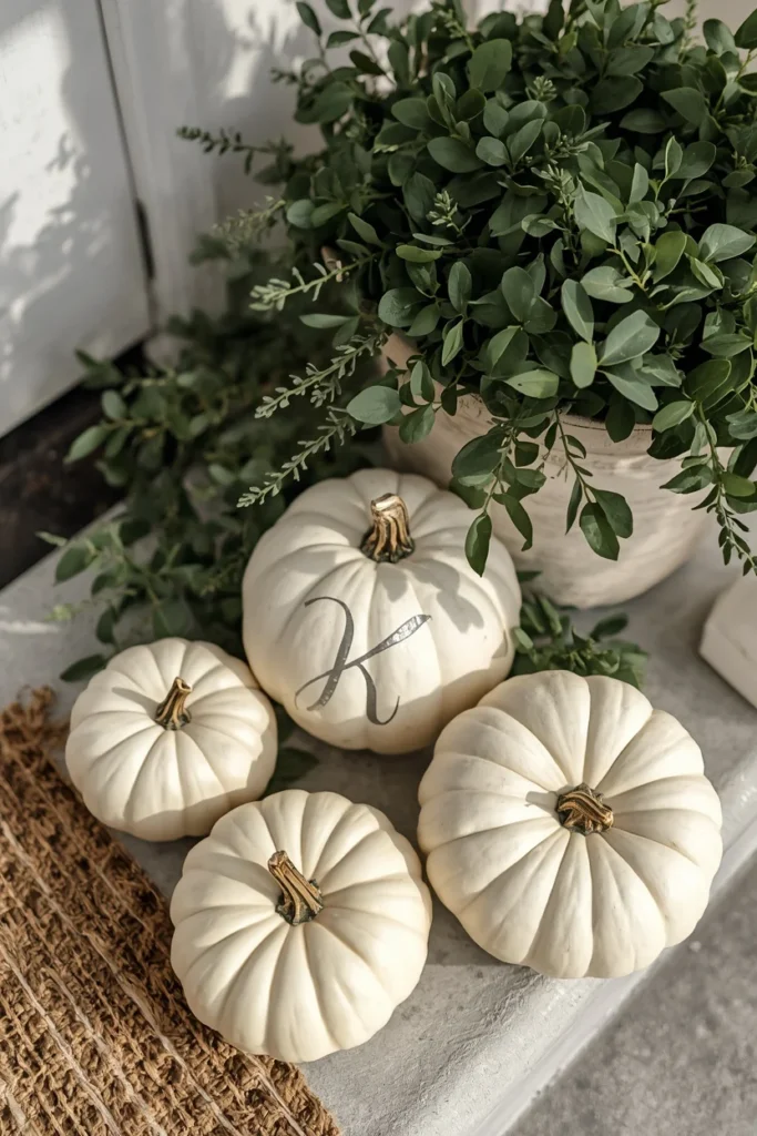 16 Simple Fall Porch Decor Ideas Anyone Can Pull Off This Season 12 front porch close-up, featuring white pumpkins with a hand-drawn silver monogram design