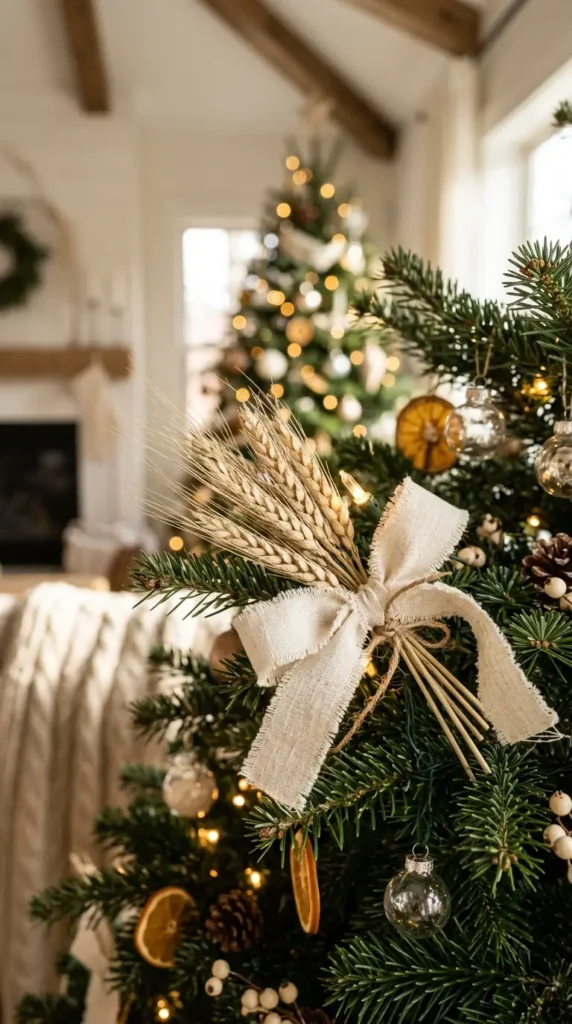 15 Simple Thanksgiving-to-Christmas Tree Transition Ideas 12 Christmas tree, featuring small clusters of dried wheat stems wired