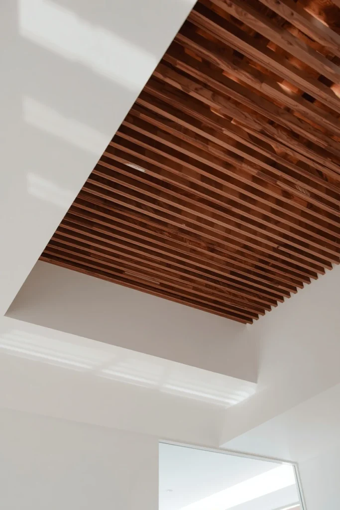 16 Striped Ceiling Ideas to Add Instant Personality Overhead 12 modern living room, featuring a ceiling with thin walnut-stained wood slats