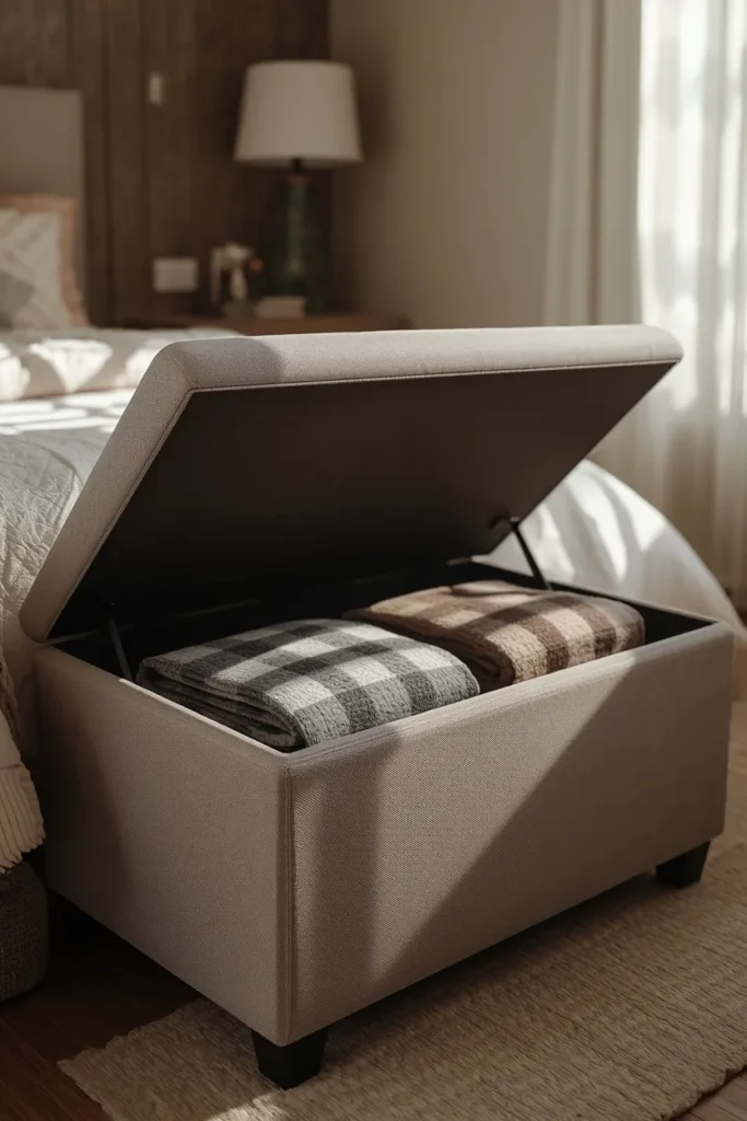 17 Tiny Bedroom Design Ideas for Couples (That Still Feel Romantic) 12 small bedroom, featuring an upholstered storage ottoman bench at the foot of the bed