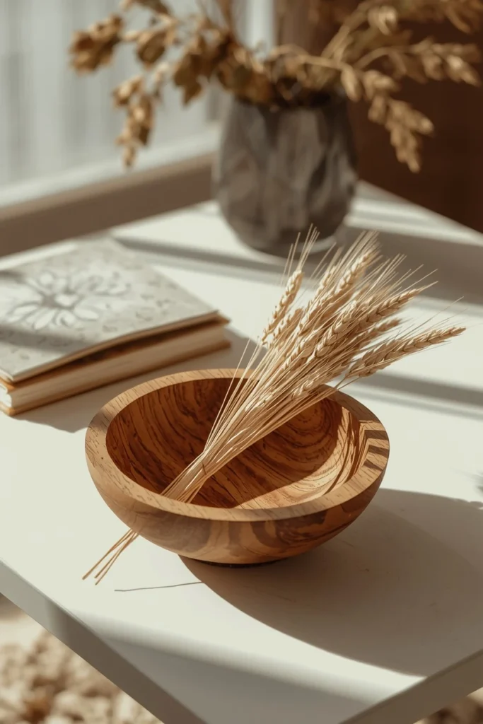 17 Understated Fall Decor Ideas for a Minimal, Modern Home 12 coffee table shot, featuring a simple wood bowl with visible grain