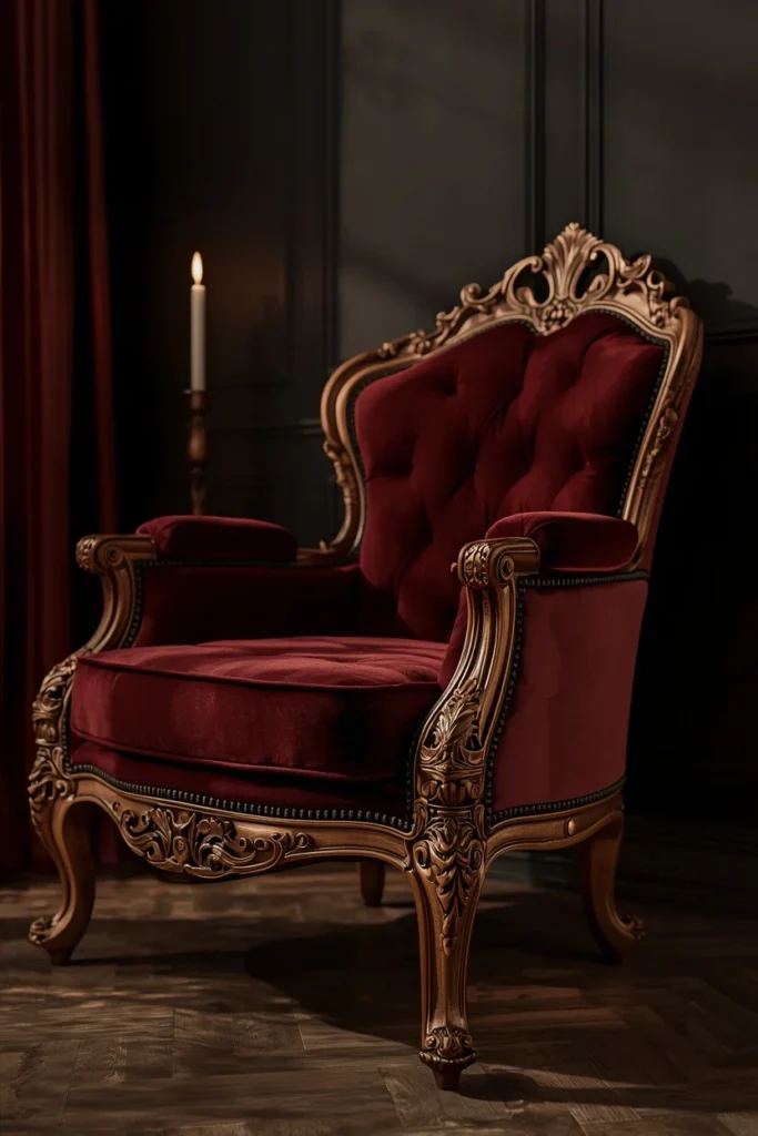 21 Vampy Romantic Bedroom Ideas for a Moody, Gothic-Chic Retreat 12 bedroom corner shot, featuring a Baroque-style carved wood accent chair