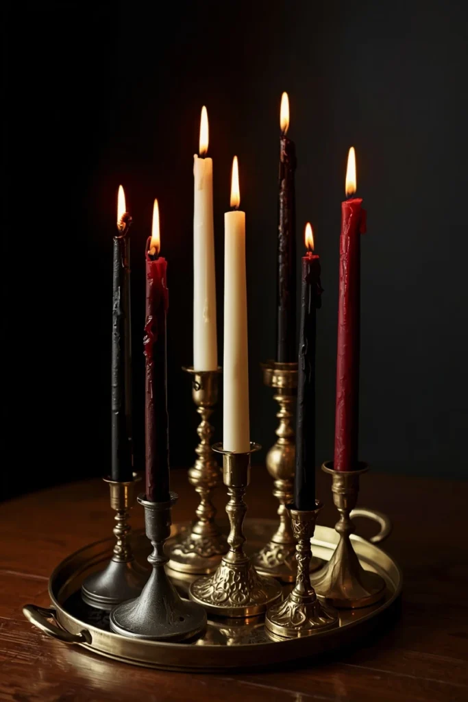 23 Vintage Halloween Decor Ideas That Look Straight Out of an Old Storybook 12 candlestick cluster, featuring mismatched brass candle holders