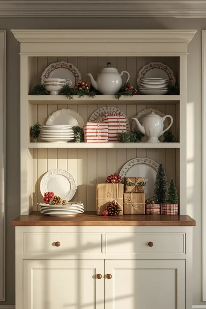 19 Ways to Decorate a Farmhouse Kitchen for Christmas (Cozy, Budget-Friendly Ideas) 12 farmhouse kitchen hutch, featuring a Christmas vignette with swapped holiday dishware,