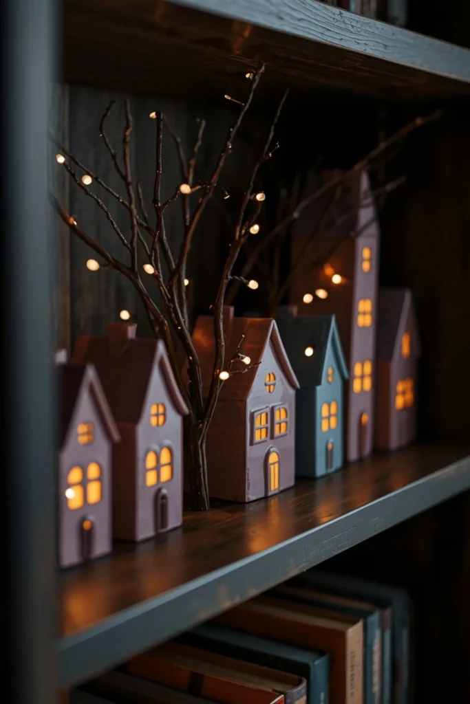 25 Whimsical Halloween Decor Ideas That Feel Spooky and Cute 12 bookshelf, featuring a row of small ceramic houses with muted purple