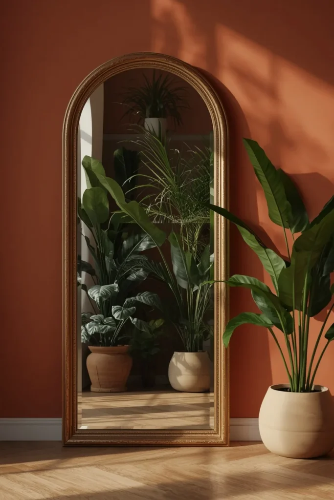 17 Afrobohemian Living Room Ideas That Feel Like a Global Getaway 13 living room, featuring a large arched vintage floor mirror leaned against a terracotta wall