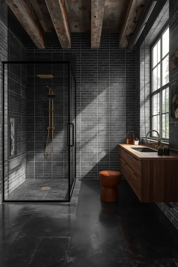 19 Black Bathroom Ideas That Are Dramatic, Chic & Completely Stunning 13 industrial loft bathroom, featuring black polished micro-cement floor and shower walls