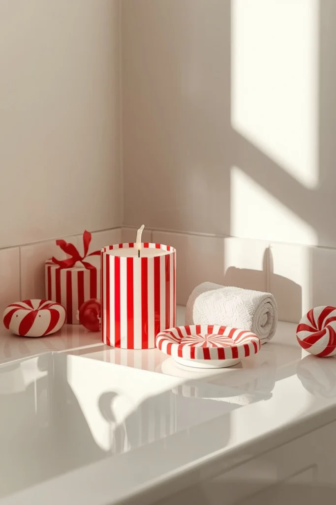  Christmas bathroom counter, featuring a red and white striped candle 