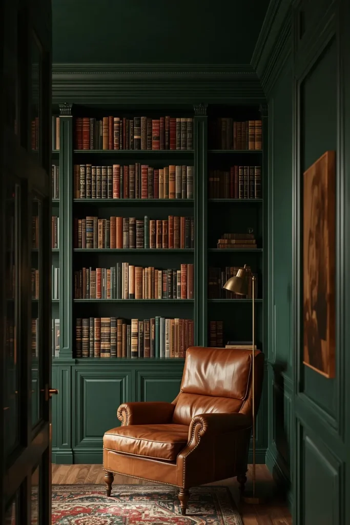 home library shot, featuring a deep forest green painted ceiling above dark wood