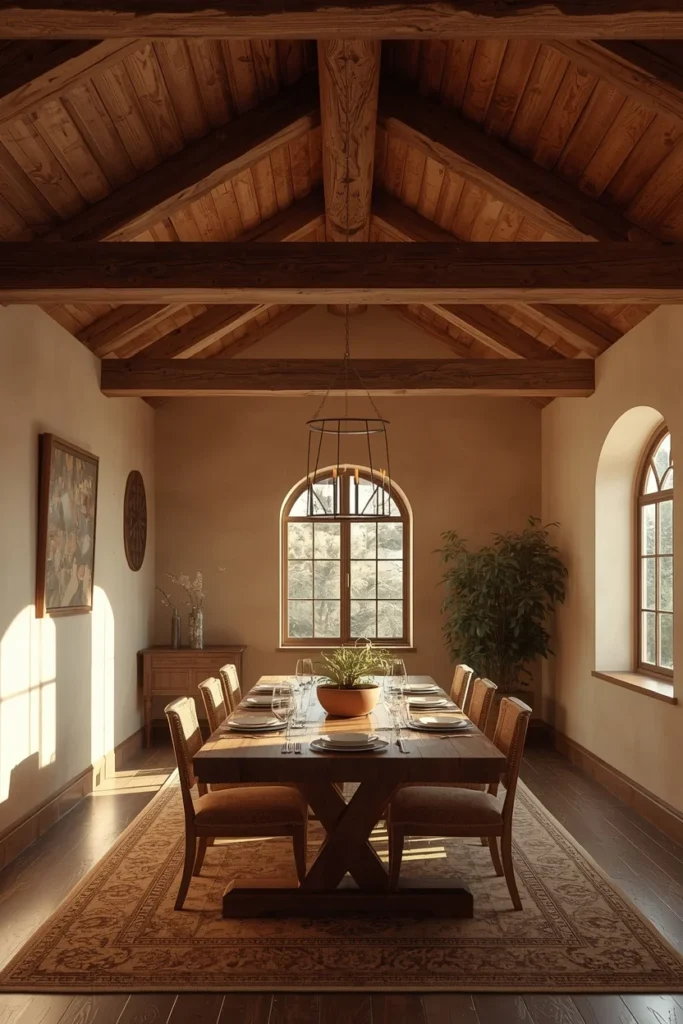 dining room, featuring exposed rough-hewn wood ceiling beams above a farmhouse table