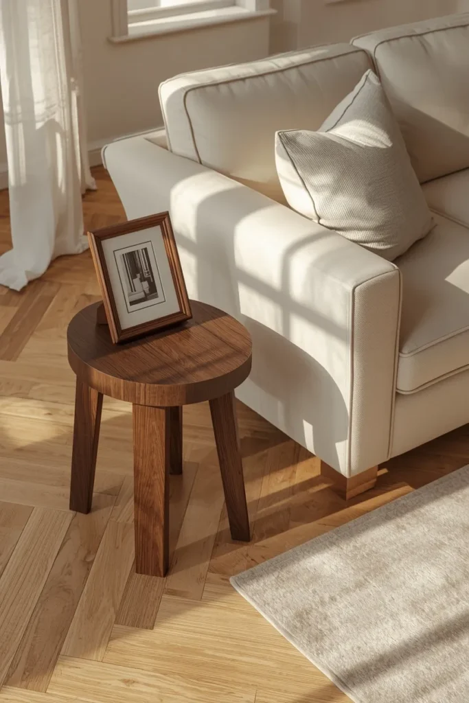 20 Cozy Warm Neutral Fall Living Room Ideas Anyone Can Recreate 13 living room close-up, featuring a dark walnut side table and picture frame