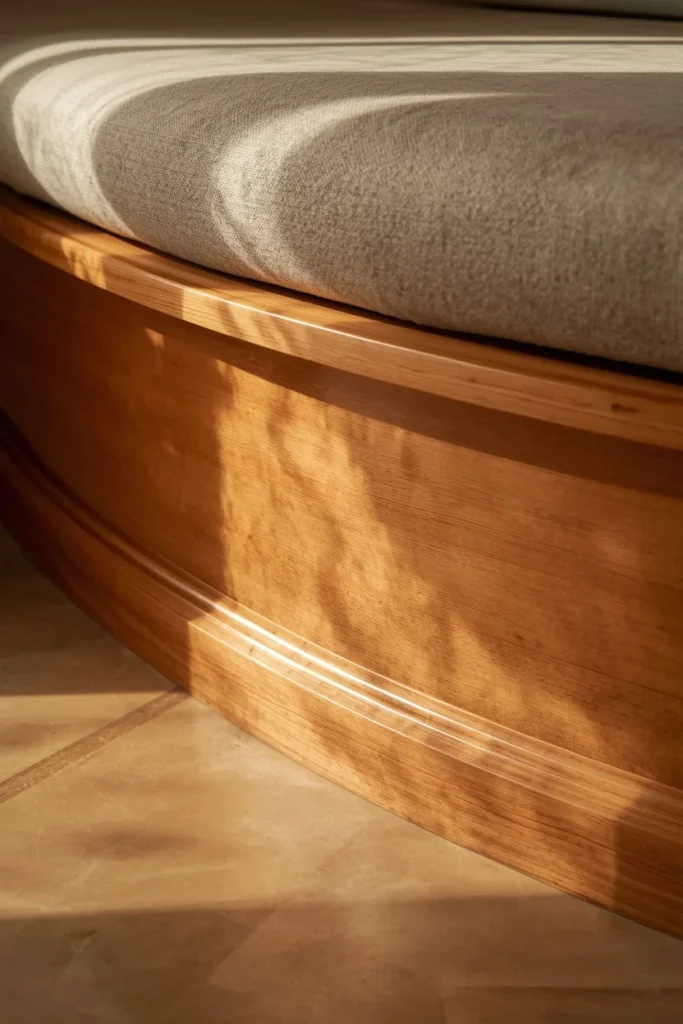 banquette base detail shot, featuring a curved bench with a solid plinth base flush to the floor