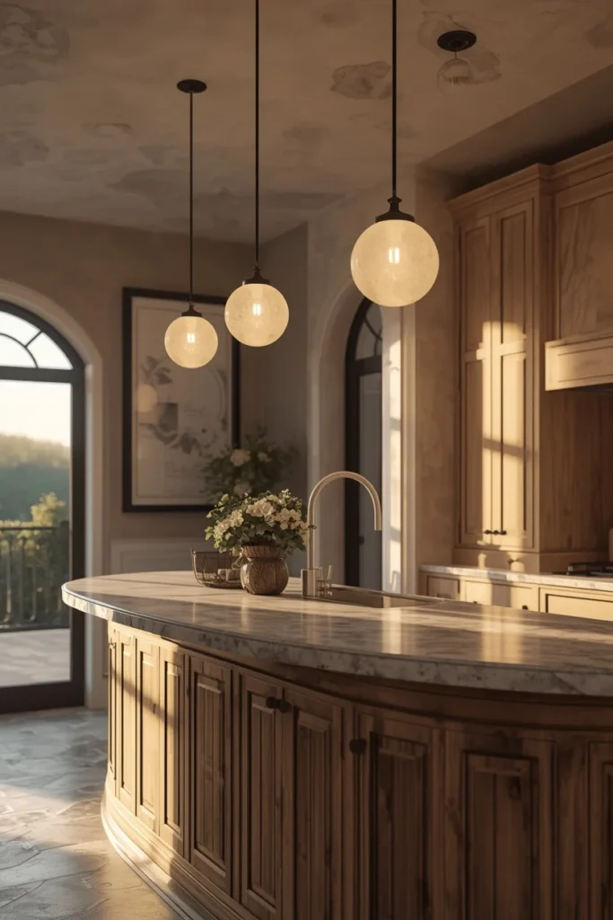 17 Curved Kitchen Peninsula Ideas for Better Small-Space Flow 13 kitchen peninsula, featuring three round pendant lights hung in a gentle arc above a curved stone countertop