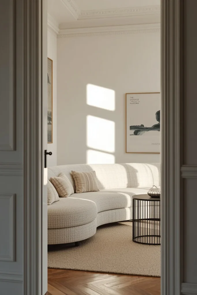 small living room shot, featuring a curved sofa in pale cream boucle fabric reflecting soft natural light, 