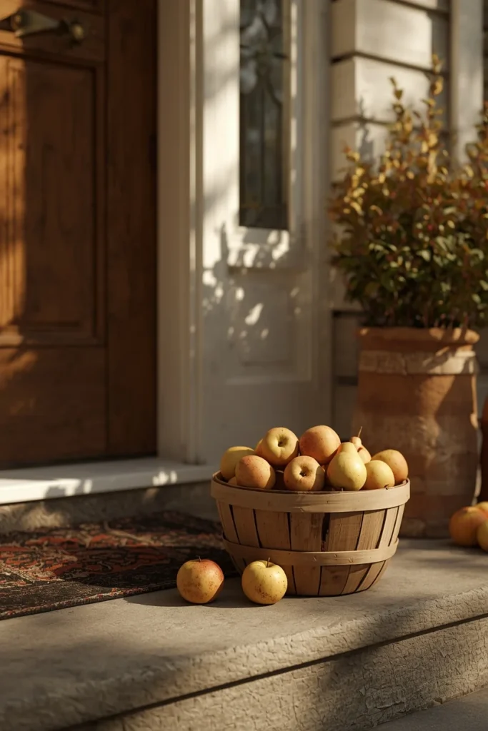 front porch, featuring a small wooden bushel basket filled with muted-toned apples