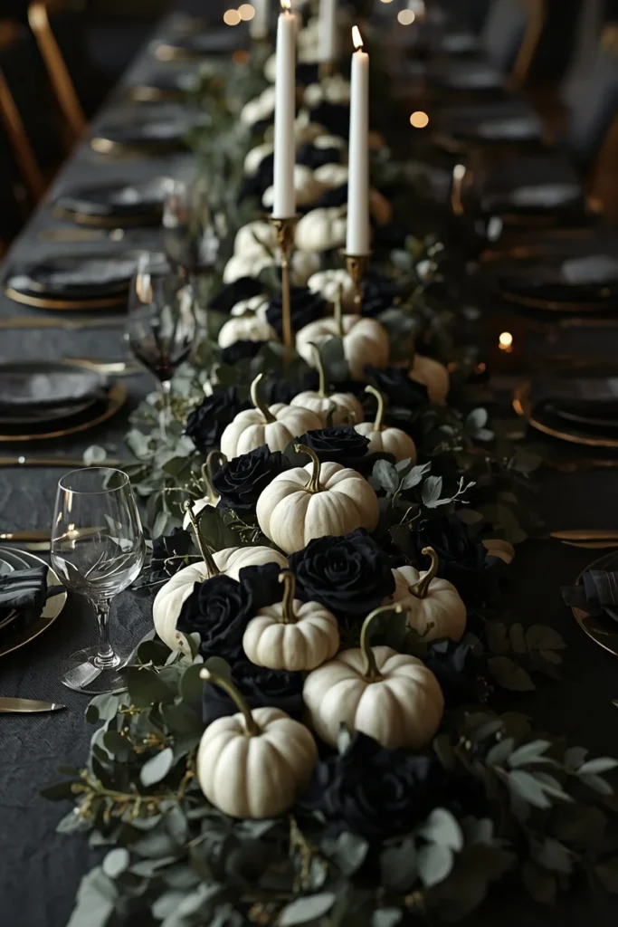 18 Elegant Halloween Dining Table Ideas for a Chic Fright Night 13 centerpiece close-up, featuring small white pumpkins clustered with black roses and dark green foliage