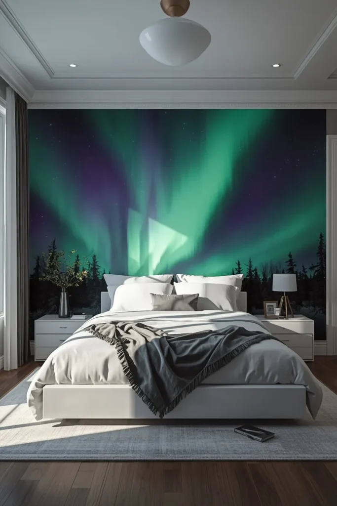 bedroom, featuring a painterly aurora borealis mural in greens, purples