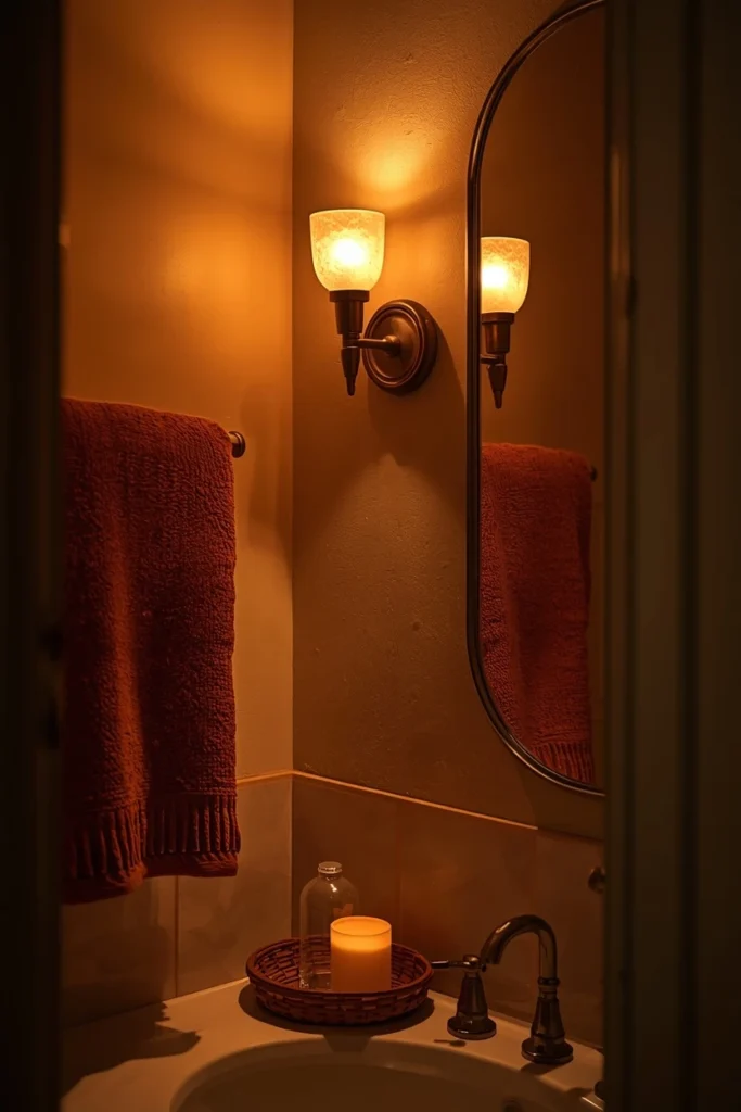 15 Fall Bathroom Decor Ideas for a Cozy Season Refresh 13 bathroom in the evening, featuring warm dimmable sconce lighting