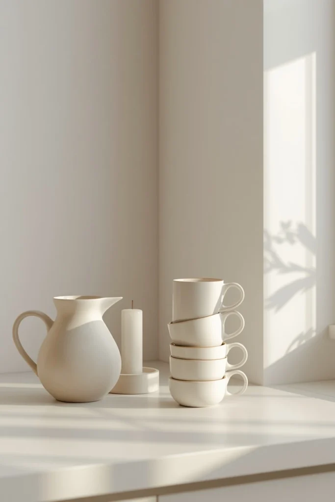 modern minimalist kitchen coffee station, featuring one ceramic vessel
