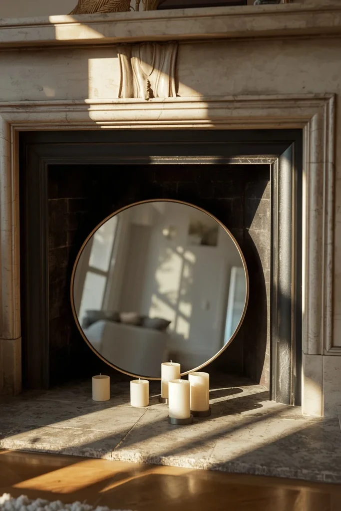 16 Fall Decor Ideas for the Space in Front of Your Fireplace 13 living room fireplace, featuring a round mirror leaned inside the empty firebox