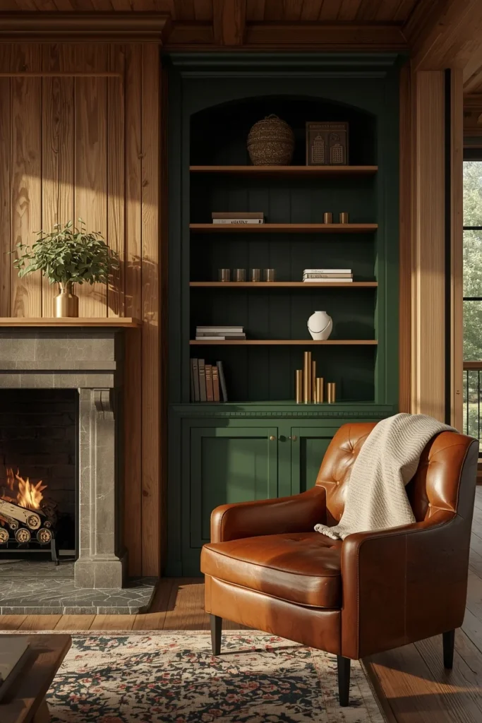 farmhouse living room, featuring a built-in shelf beside the fireplace painted deep forest green