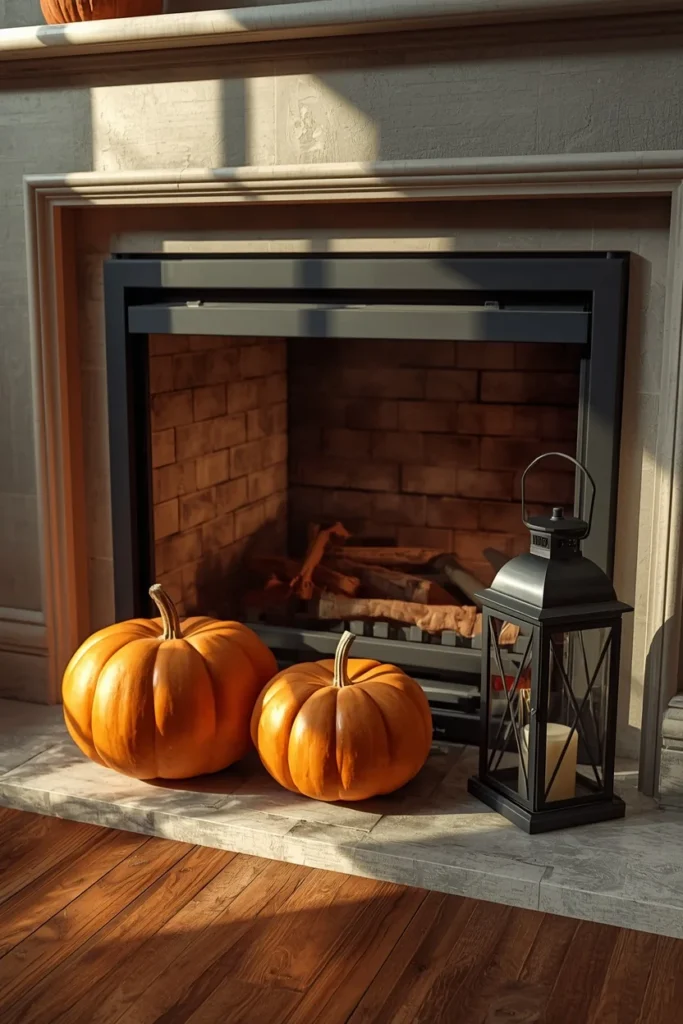 fireplace hearth floor, featuring a grouping of large faux pumpkins and a black metal lantern