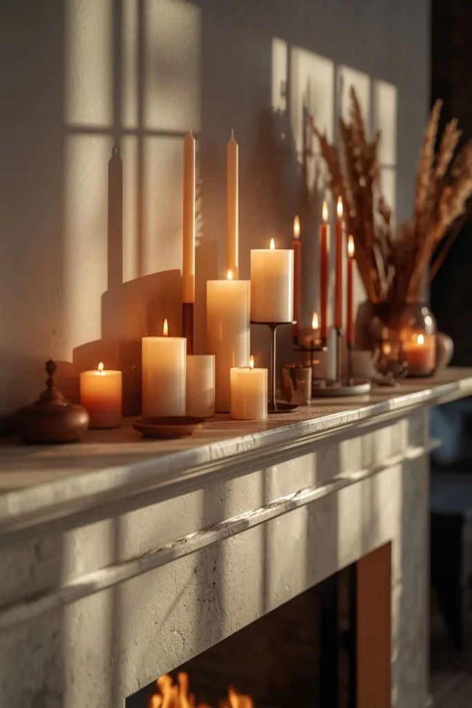  living room mantel, featuring a cluster of taper, pillar, and votive candles in varying heights
