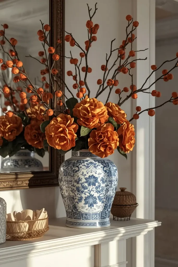  living room mantel, featuring a blue and white ginger jar filled with rusty orange silk hydrangeas