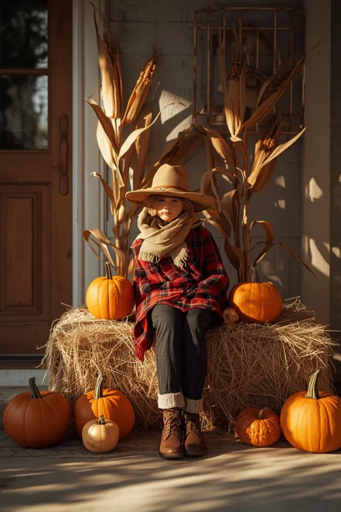 23 Fall Front Porch Decor Ideas Neighbors Will Envy 13 front porch, featuring a naturally styled harvest figure in burlap and flannel fabric seated on a hay bale