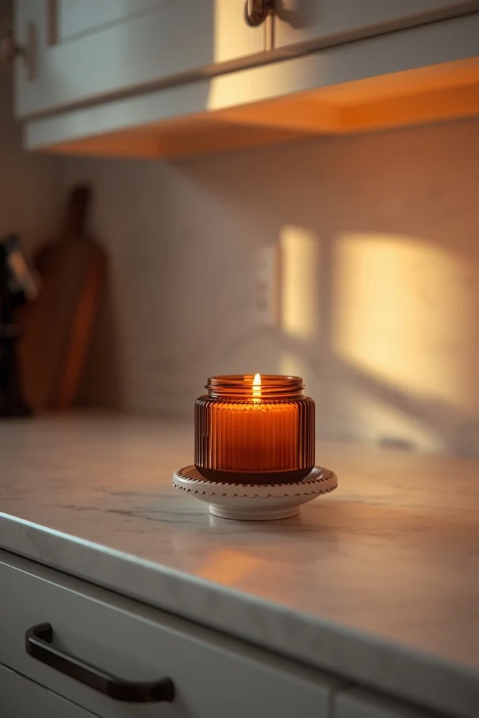 17 Fall Kitchen Countertop Decor Ideas That Feel Cozy, Not Cluttered 13 kitchen counter shot, featuring a lit candle in a warm amber glass jar