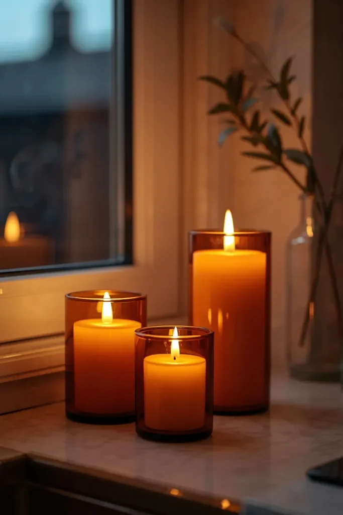 20 Fall Kitchen Decor Ideas That Are Easy to Recreate 13 kitchen counter close-up, featuring three amber glass candles of varying heights