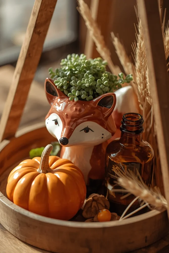tiered tray close-up, featuring a ceramic fox-shaped planter filled with greenery
