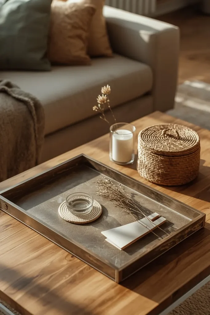 15 Fall Tray Decor Ideas to Style Your Coffee Table Like a Pro 13 family living room coffee table, featuring a sturdy tray with a small coaster dish,