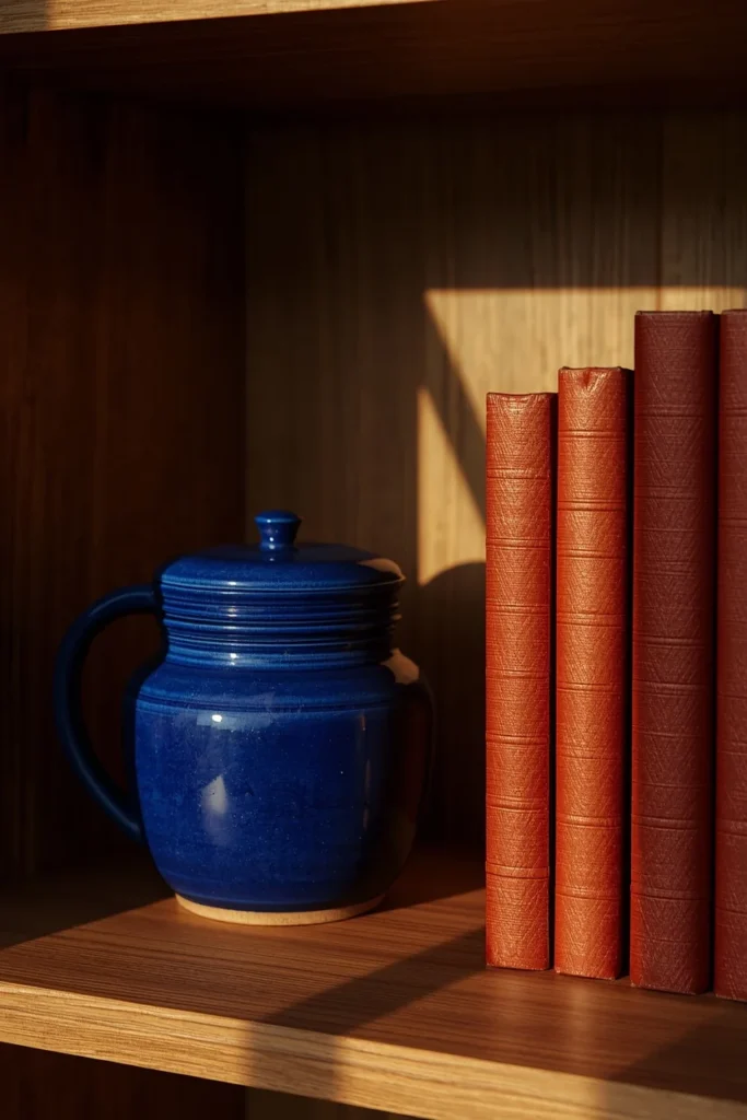 shelf vignette, featuring cobalt blue pottery beside a stack of rust-colored books