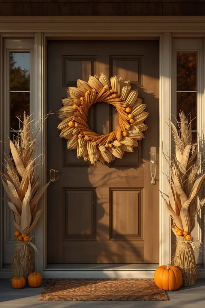 24 Fall Wreath Ideas to Welcome the Season in Style 13 front door, featuring a wreath made of overlapping dried corn husks in a circular arrangement