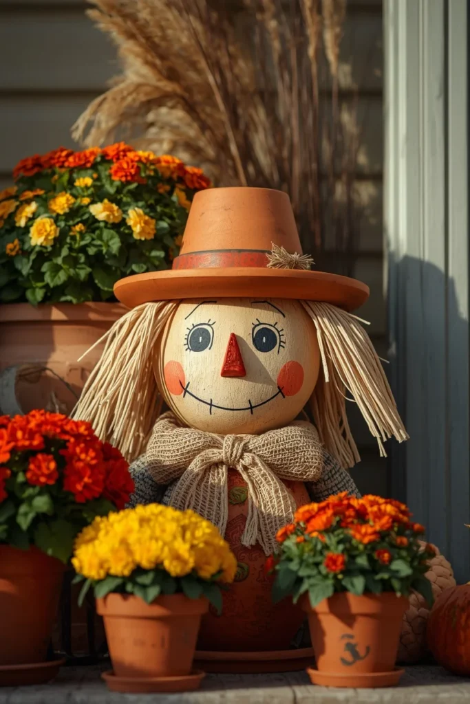 19 Fun DIY Scarecrow Ideas for fall that Kids Will Love Making 13 outdoor porch close-up, featuring a painted terracotta pot scarecrow with a smaller pot as a hat