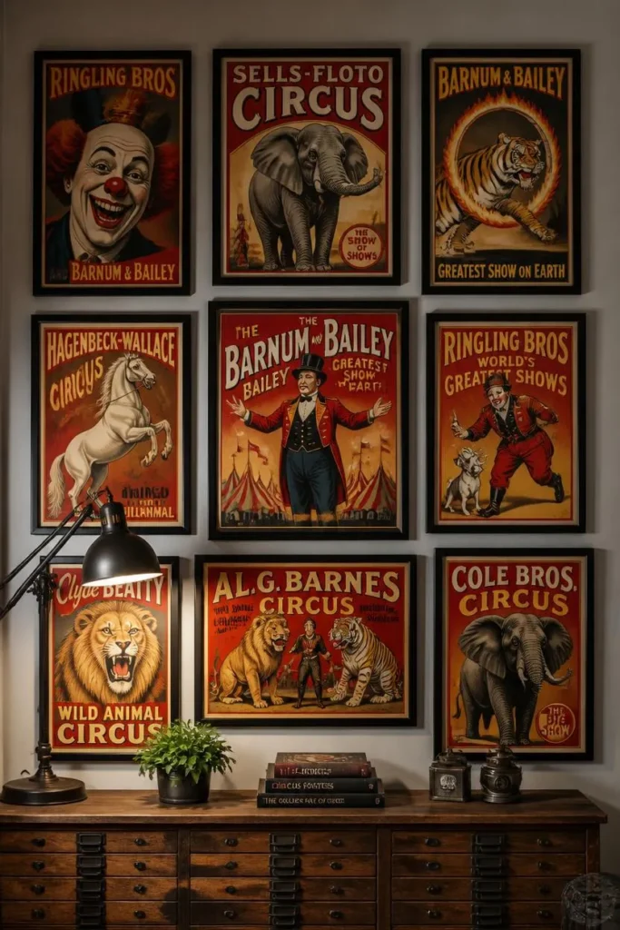 15 FunHaus Interior Ideas for a Bold, Playful Home That Breaks the Rules 13 gallery wall shot, featuring a curated grouping of framed vintage-style circus posters