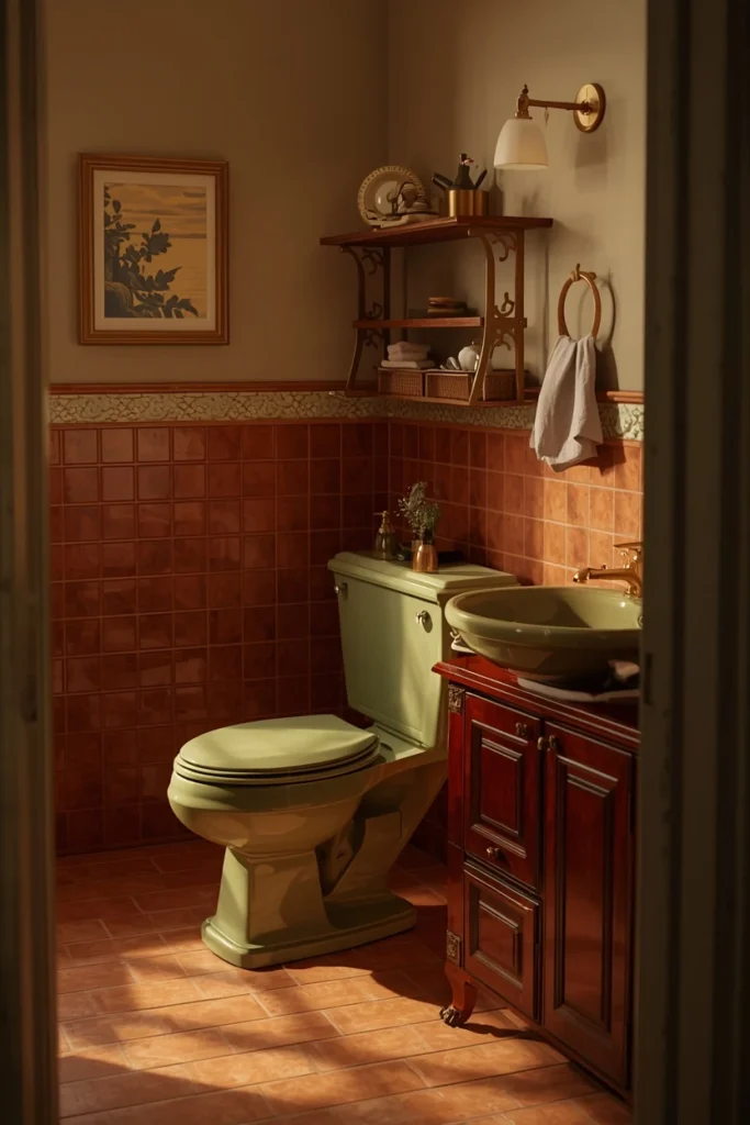 21 Green Bathroom Ideas That Bring Nature's Calm Into Your Home 13 bathroom, featuring an avocado green vintage-style toilet and matching sink,