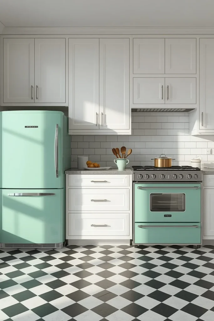 17 Green Kitchen Designs That Feel Bold, Fresh & Totally Unexpected 13 kitchen, featuring a retro mint-emerald refrigerator and matching vintage-style range