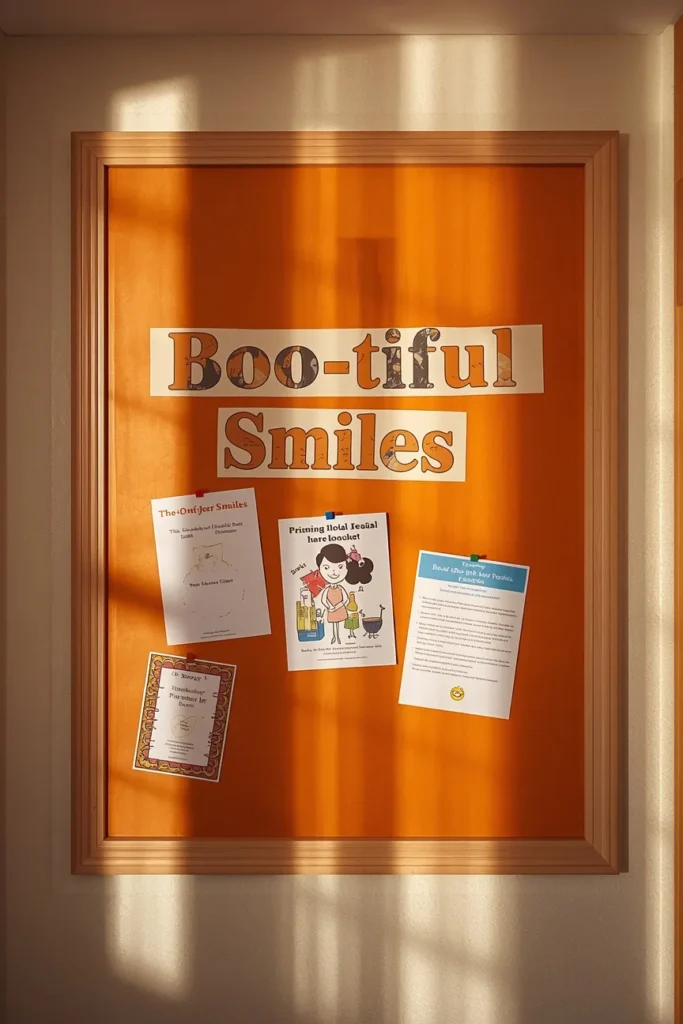  medical office bulletin board, featuring orange craft-paper background,