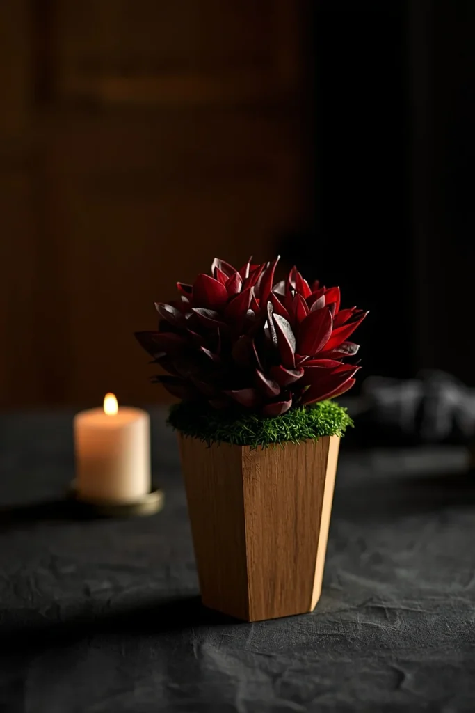  unique centerpiece shot, featuring a small wooden coffin planter filled with dark burgundy