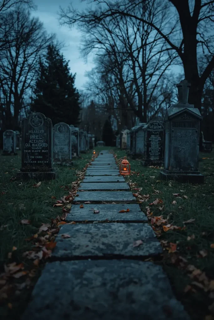 18 Halloween Walkway Ideas That Set the Spooky Mood Early 13 Halloween graveyard walkway, featuring weathered grey tombstones
