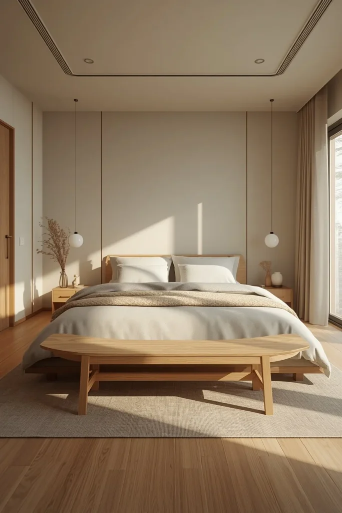  Japandi bedroom, featuring a low platform bed with mostly straight-lined furniture, 