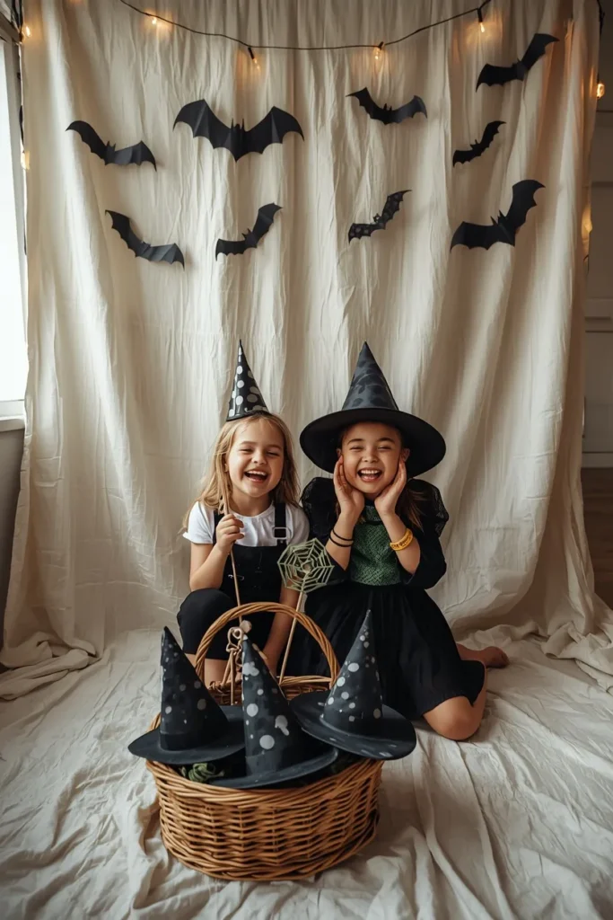 Halloween photo booth, featuring a fabric backdrop with paper bat garlands