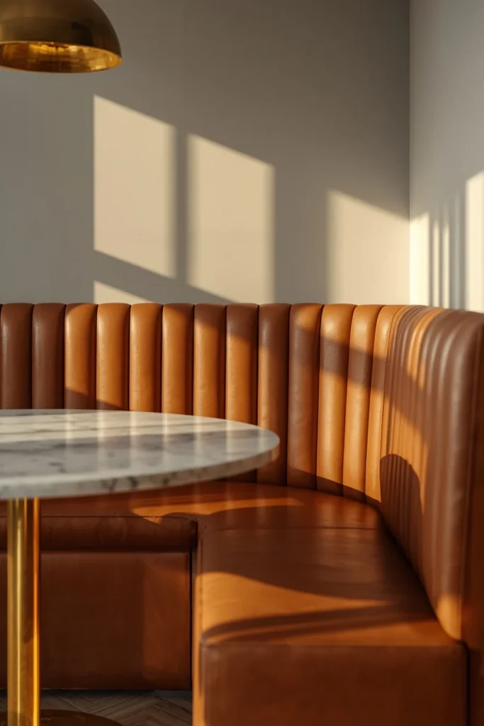 21 Kitchen Banquette Seating Ideas That Make Every Meal Feel Special 13 kitchen banquette, featuring a camel-toned leather bench with vertical channel-tufted backrest,