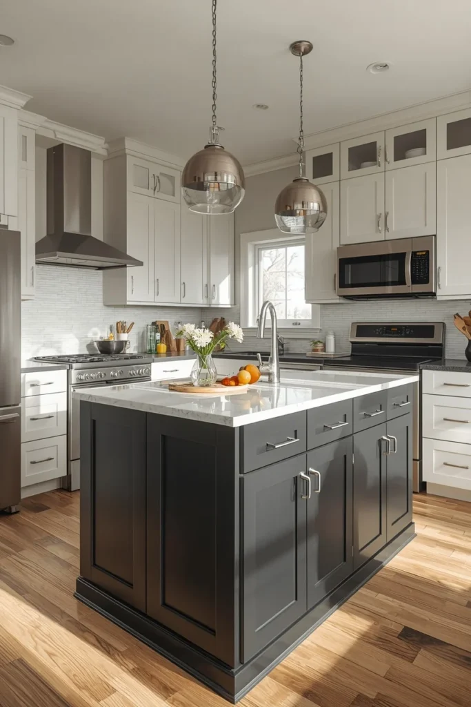 kitchen, featuring a charcoal kitchen island with lighter perimeter cabinets, chrome hardware, 