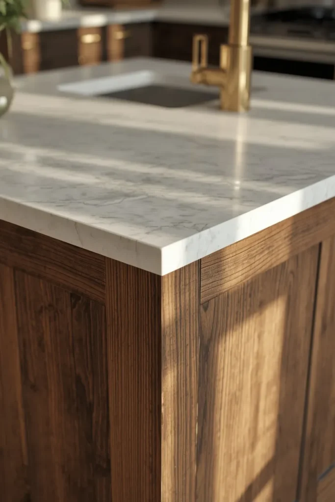  kitchen island, featuring a polished white stone countertop paired 