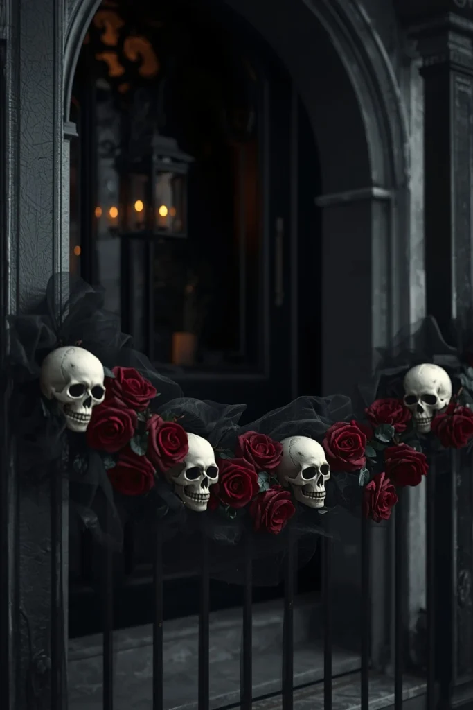 front doorway, featuring faux skulls and deep red faux roses wired along a porch railing 