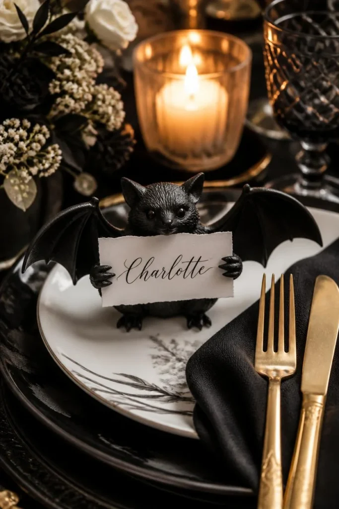 15 Last-Minute Halloween Tablescape Ideas That Look Planned 13 place setting detail, featuring a small black bat figurine